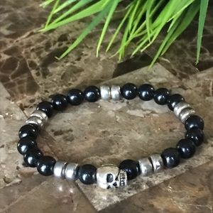 New Men’s Trendy Onyx Gemstone with Silver Skull Bracelet